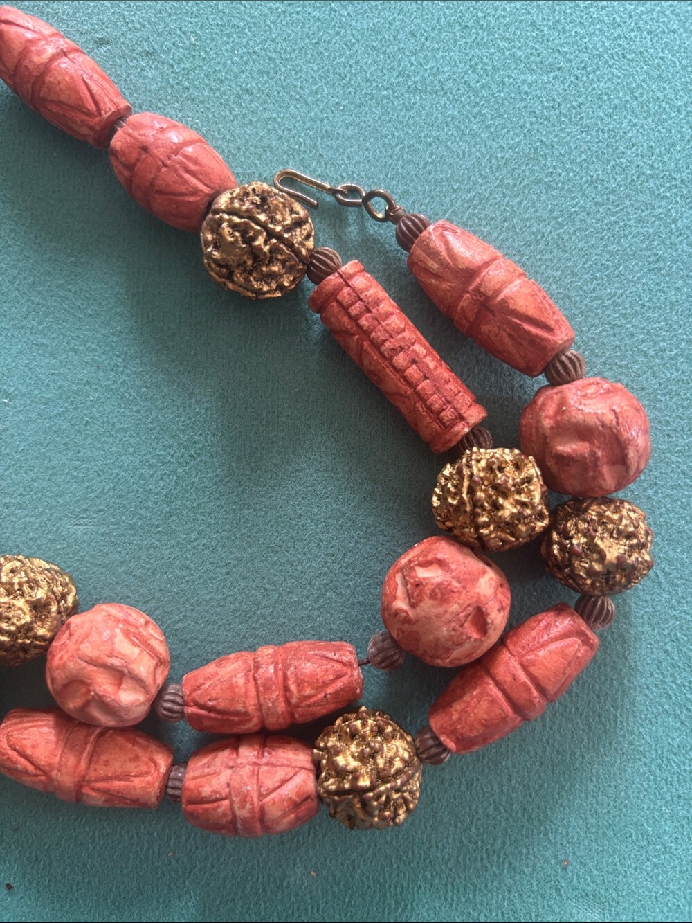 Vintage rare Chinese Carved Cinnabar coral  Bead gold bead necklace - Picture 3 of 7